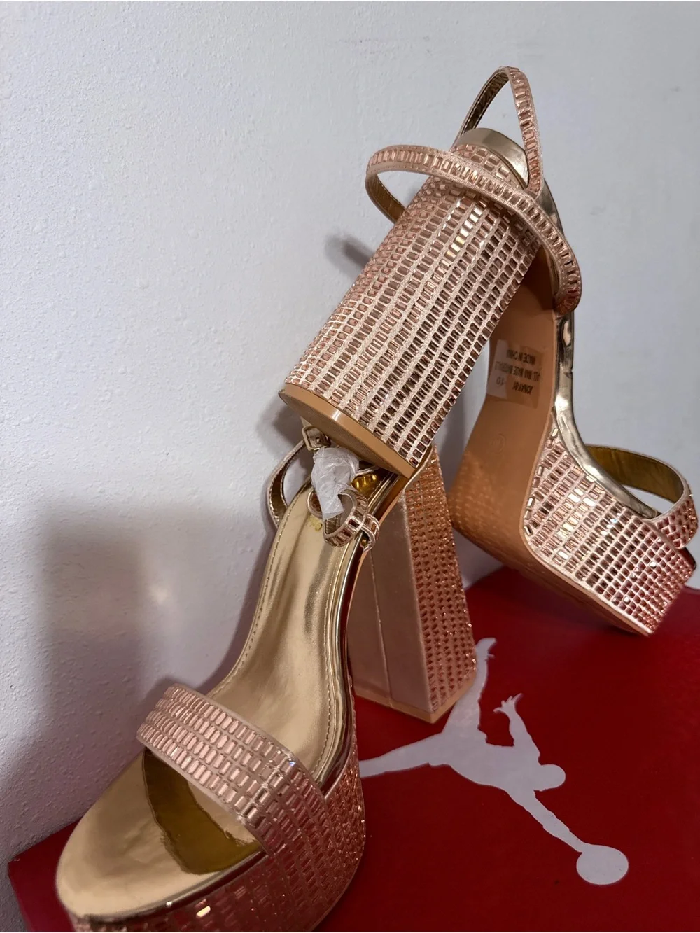 Shimmery Rose Gold Platform Block Heel Sandals for Women